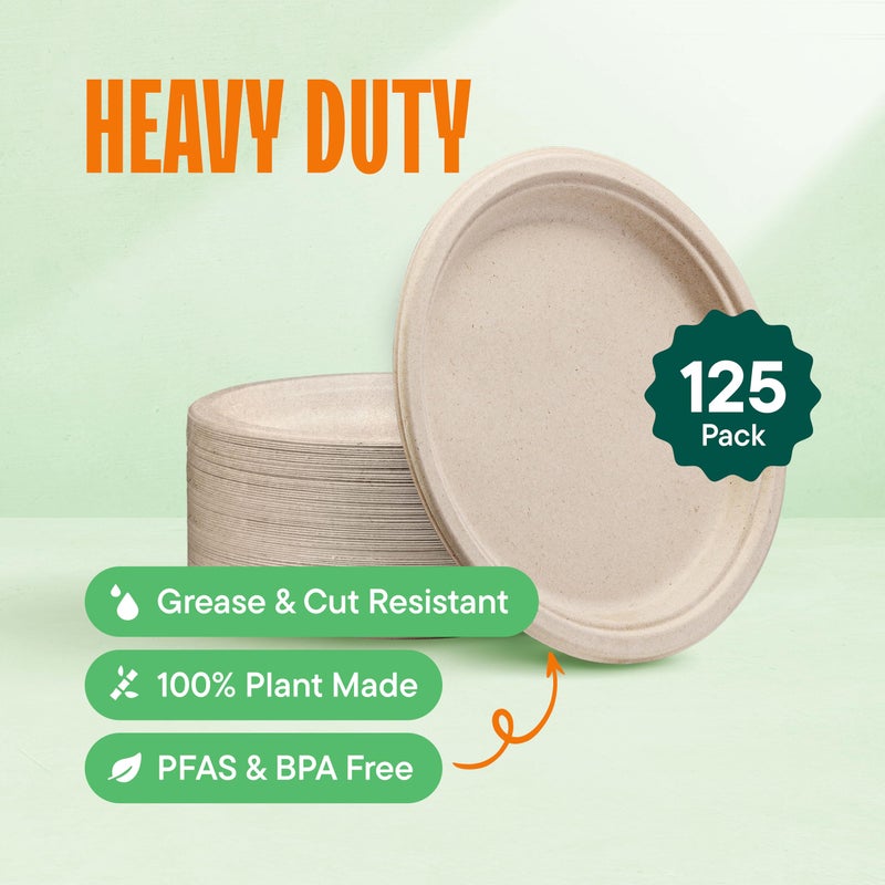 Stack Man Paper Plates, 100% Compostable Heavy Duty Disposable 10 Inch Plate - [125-Pack] Eco-Friendly, Biodegradable Bagasse - (PFAS-Free) - (BPI Certified) - Image 2